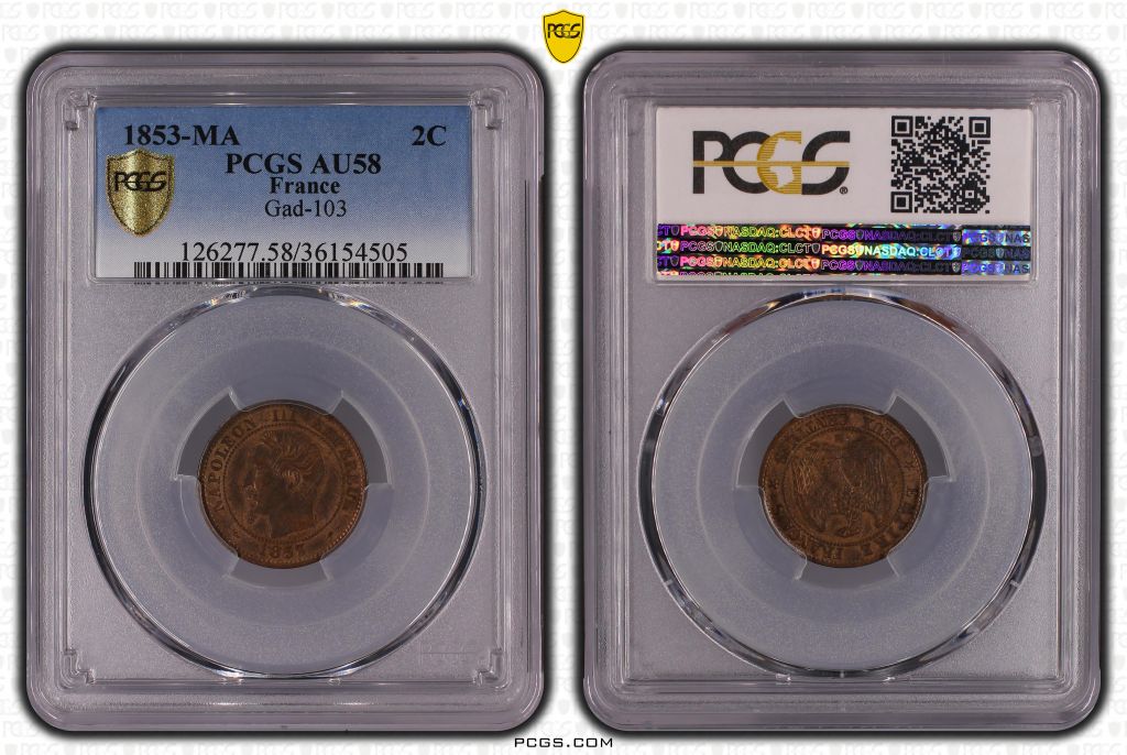 Pièce France 2 Centimes Napoléon III - Tête nue - 1853 MA - PCGS AU 58