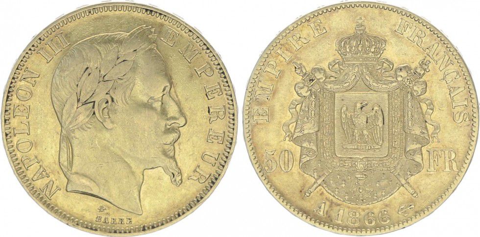 Pièce France 50 Francs Napoléon III Tête Laurée - 1866 A Paris