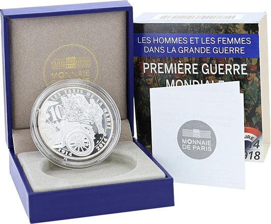 Pièce France - Monnaie de Paris LA GRANDE GUERRE, LES TAXIS DE LA MARNE - 10 Euros Argent BE 2014 (MDP)